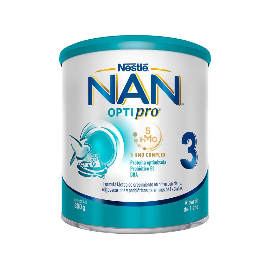Infant formula tin labeled "NAN Optipro 3," with blue and white design.