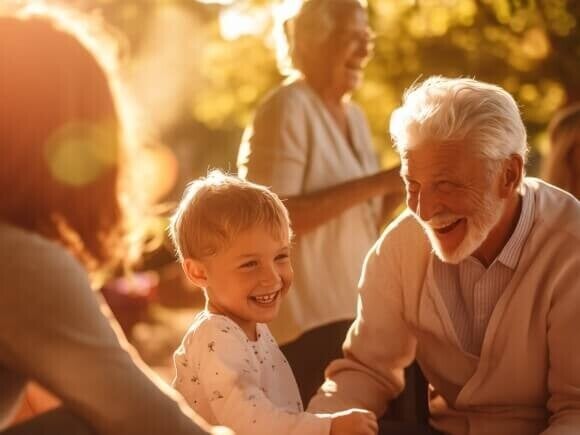 Personas adultas mayores y un niño compartiendo un momento al aire libre.