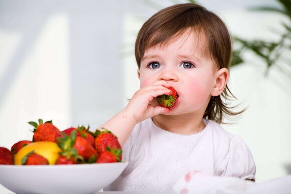 Las frutas y verduras contienen nutrientes saludables para tu bebé. Niño pequeño comiendo frutillas.